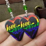 Love Wins Pride Guitar Pick Earrings with Green Swarovski Crystals