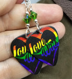 Love Wins Pride Guitar Pick Earrings with Green Swarovski Crystals