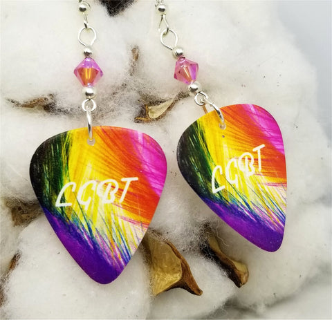 CLEARANCE LGBT Pride Guitar Pick Earrings with Pink AB Swarovski Crystals
