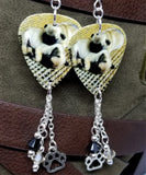 Adorable Pug Puppies Guitar Pick Earrings with Paw Print Charm and Swarovski Crystal Dangles