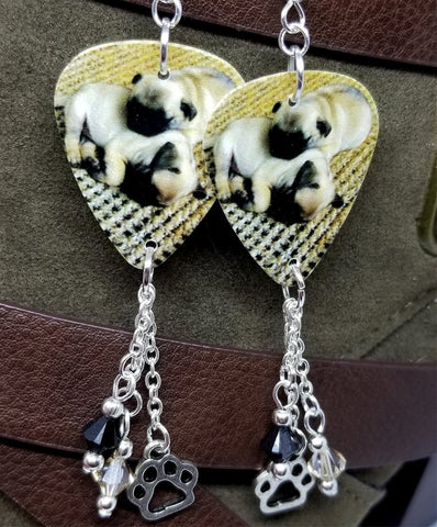 Adorable Pug Puppies Guitar Pick Earrings with Paw Print Charm and Swarovski Crystal Dangles