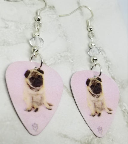 Pug Dogs Guitar Pick Earrings with Clear Swarovski Crystals