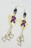 Purple Ribbon Heart Charm on White MOP Guitar Pick Earrings with Heart Charm Dangles