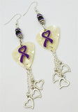 Purple Ribbon Heart Charm on White MOP Guitar Pick Earrings with Heart Charm Dangles