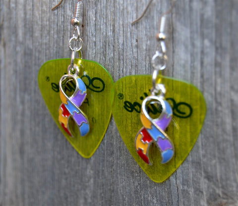 Autism Awareness Ribbon Charm Guitar Pick Earrings - Pick Your Color