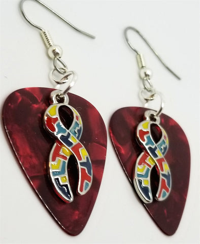 CLEARANCE Autism Awareness Ribbon Charm Guitar Pick Earrings - Pick Your Color