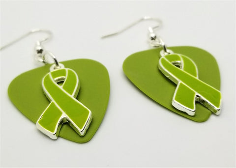 CLEARANCE Lime Green Ribbon Charm Guitar Pick Earrings - Pick Your Color