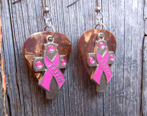 CLEARANCE Pink Ribbon Cross and Faith Charm and Guitar Pick Earrings - Pick Your Color