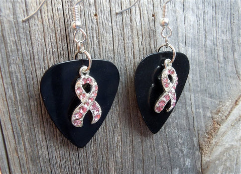 CLEARANCE Crystal Pink Ribbon Charm Guitar Pick Earrings - Pick Your Color