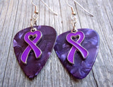 Purple Ribbon Heart Charm Guitar Pick Earrings - Pick Your Color