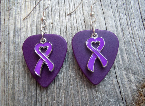 Purple Ribbon Heart Charm Guitar Pick Earrings - Pick Your Color