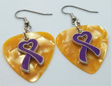 Purple Ribbon Heart Charm Guitar Pick Earrings - Pick Your Color