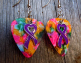 Purple Ribbon Heart Charm Guitar Pick Earrings - Pick Your Color