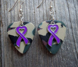 Purple Ribbon Heart Charm Guitar Pick Earrings - Pick Your Color