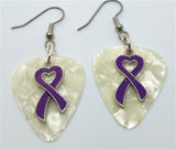 Purple Ribbon Heart Charm Guitar Pick Earrings - Pick Your Color