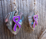 Purple Ribbon Heart Charm Guitar Pick Earrings - Pick Your Color