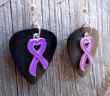 Purple Ribbon Heart Charm Guitar Pick Earrings - Pick Your Color