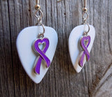 Purple Ribbon Heart Charm Guitar Pick Earrings - Pick Your Color