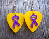 Purple Ribbon Heart Charm Guitar Pick Earrings - Pick Your Color