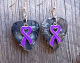 Purple Ribbon Heart Charm Guitar Pick Earrings - Pick Your Color