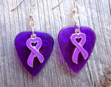 Purple Ribbon Heart Charm Guitar Pick Earrings - Pick Your Color