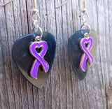 Purple Ribbon Heart Charm Guitar Pick Earrings - Pick Your Color