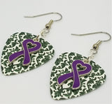 Purple Ribbon Heart Charm Guitar Pick Earrings - Pick Your Color