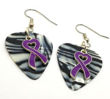 Purple Ribbon Heart Charm Guitar Pick Earrings - Pick Your Color