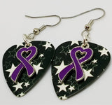 Purple Ribbon Heart Charm Guitar Pick Earrings - Pick Your Color