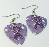 Purple Ribbon Heart Charm Guitar Pick Earrings - Pick Your Color