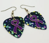 Purple Ribbon Heart Charm Guitar Pick Earrings - Pick Your Color