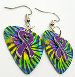 Purple Ribbon Heart Charm Guitar Pick Earrings - Pick Your Color