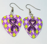 Purple Ribbon Heart Charm Guitar Pick Earrings - Pick Your Color