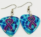 Purple Ribbon Heart Charm Guitar Pick Earrings - Pick Your Color