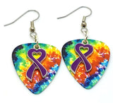Purple Ribbon Heart Charm Guitar Pick Earrings - Pick Your Color