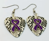 Purple Ribbon Heart Charm Guitar Pick Earrings - Pick Your Color