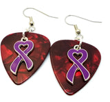 Purple Ribbon Heart Charm Guitar Pick Earrings - Pick Your Color