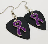Purple Ribbon Heart Charm Guitar Pick Earrings - Pick Your Color