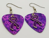 Purple Ribbon Heart Charm Guitar Pick Earrings - Pick Your Color