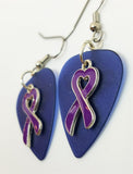 Purple Ribbon Heart Charm Guitar Pick Earrings - Pick Your Color
