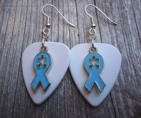 CLEARANCE Aqua Ribbon with Puzzle Piece Cut Out Charm Guitar Pick Earrings - Pick Your Color - Autism Awareness