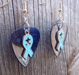 CLEARANCE Aqua Ribbon with Puzzle Piece Cut Out Charm Guitar Pick Earrings - Pick Your Color - Autism Awareness