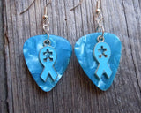 CLEARANCE Aqua Ribbon with Puzzle Piece Cut Out Charm Guitar Pick Earrings - Pick Your Color - Autism Awareness