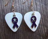 CLEARANCE Purple Ribbon with Puzzle Piece Cut Out Charm Guitar Pick Earrings - Pick Your Color - Autism Awareness