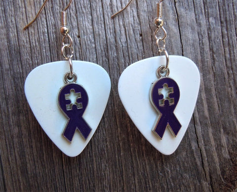 CLEARANCE Purple Ribbon with Puzzle Piece Cut Out Charm Guitar Pick Earrings - Pick Your Color - Autism Awareness