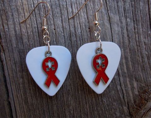 CLEARANCE Red Ribbon with Puzzle Piece Cut Out Charm Guitar Pick Earrings - Pick Your Color - Autism Awareness