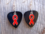 CLEARANCE Red Ribbon with Puzzle Piece Cut Out Charm Guitar Pick Earrings - Pick Your Color - Autism Awareness