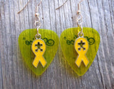 CLEARANCE Yellow Ribbon with Puzzle Piece Cut Out Charm Guitar Pick Earrings - Pick Your Color - Autism Awareness