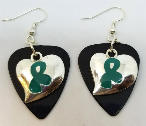 CLEARANCE Teal Ribbon on a Heart Charm Guitar Pick Earrings - Pick Your Color