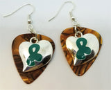 CLEARANCE Teal Ribbon on a Heart Charm Guitar Pick Earrings - Pick Your Color